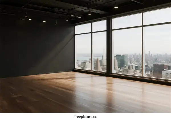 Empty modern office space with large windows overlooking cityscape