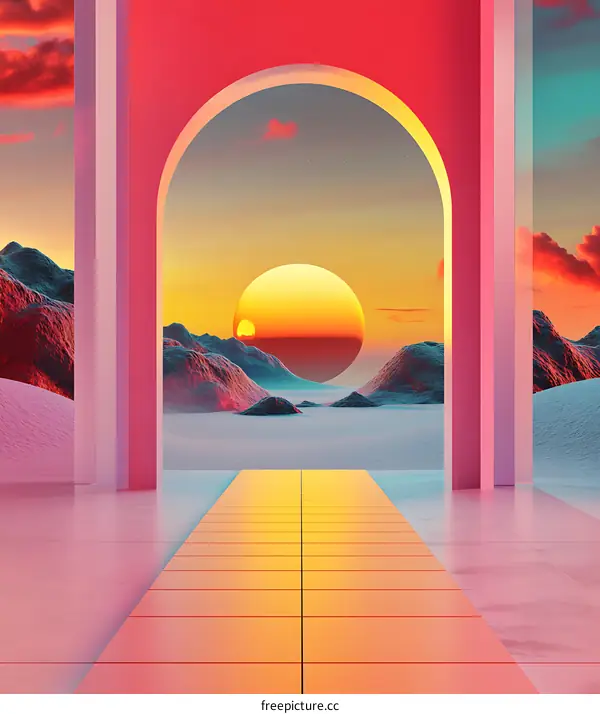 Abstract Minimalist Sunset Illustration with Archway and Pathway