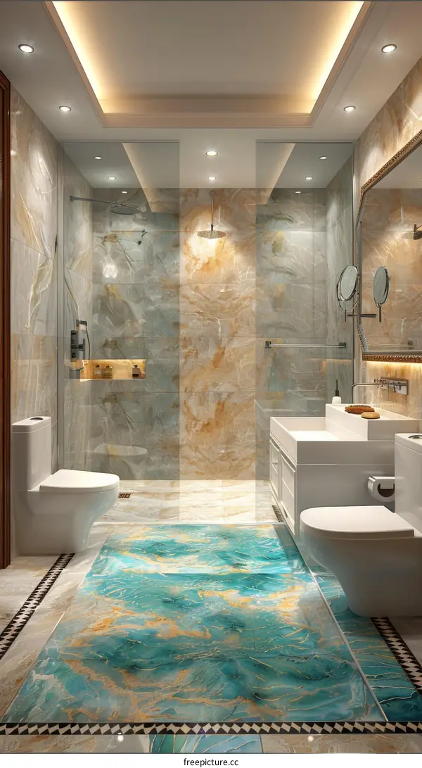 Blue and gold bathroom interior with two toilets and two sinks