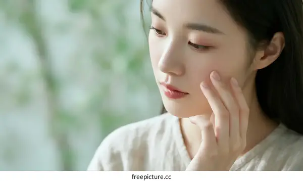A Young Woman Touching Her Face with Soft Natural Light
