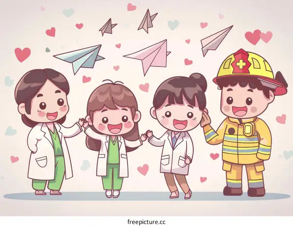 Four people in medical and rescue uniforms are holding hands