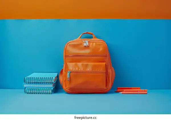 Orange Backpack with School Supplies on Blue Background