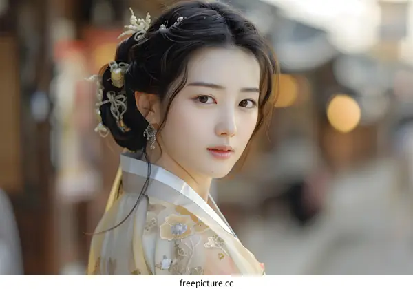 Portrait of a beautiful young woman in traditional Korean dress, or Hanbok
