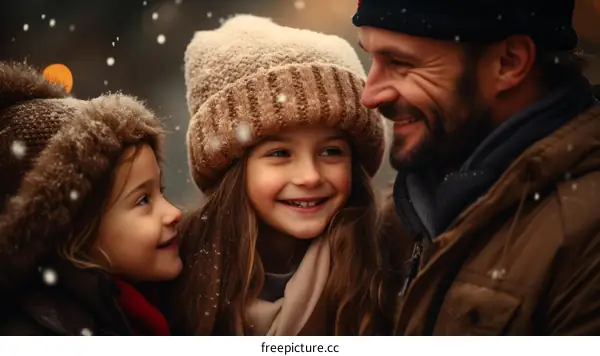 Father and daughters smiling in the snow