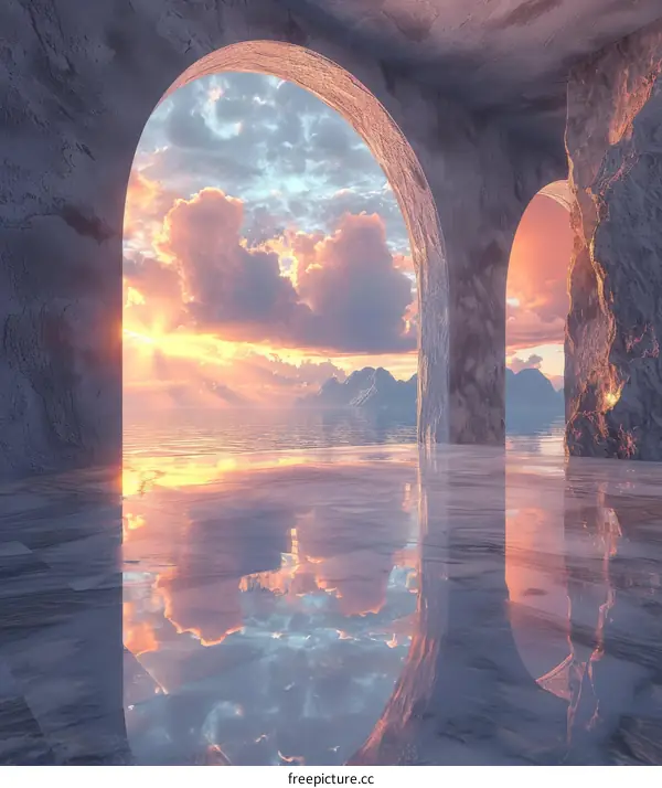 Futuristic Landscape with Sunset and Mountains