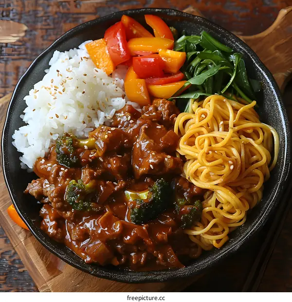Korean beef stew with rice and noodles