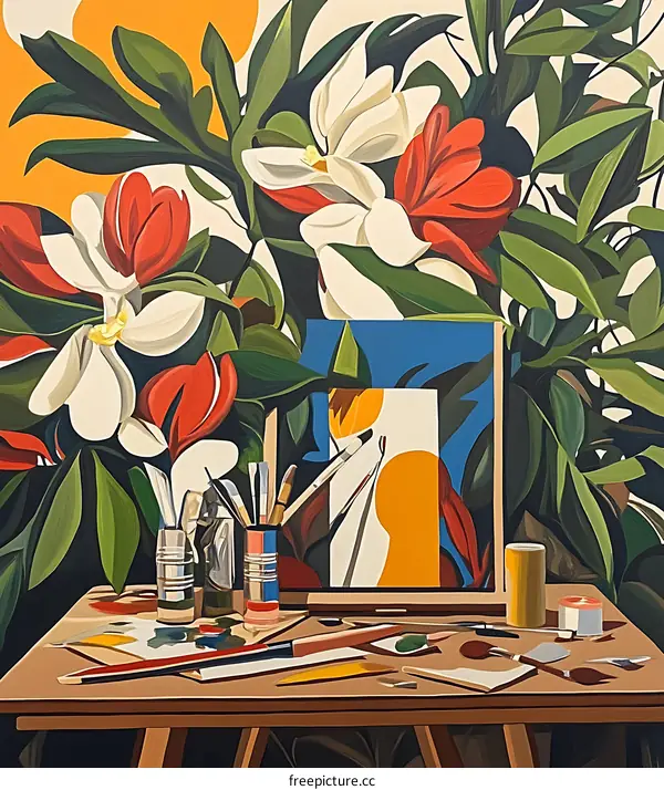 Still Life with Flowers and Art Supplies