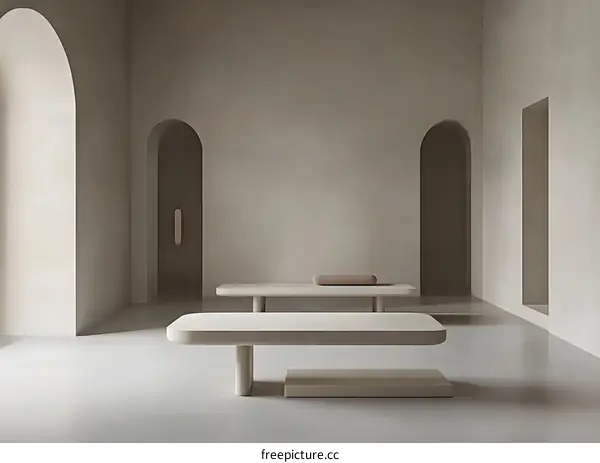 Minimalist Modern Interior Design with Arched Doorways and Stone Benches
