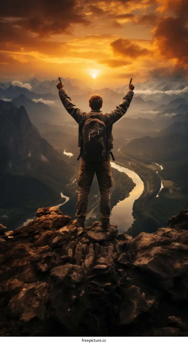 man celebrating reaching the top of a mountain