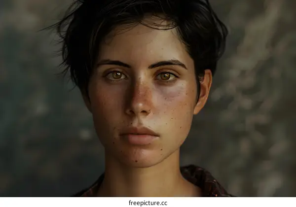 Portrait of a Young Woman with Freckles and Short Hair
