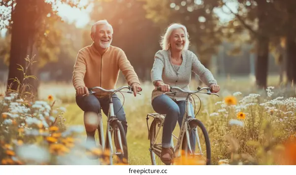 Happy senior couple riding bicycles in nature