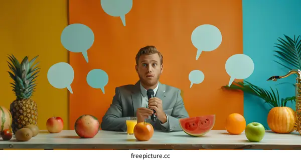 Man with Microphone and Fruit Still Life on a Colorful Background