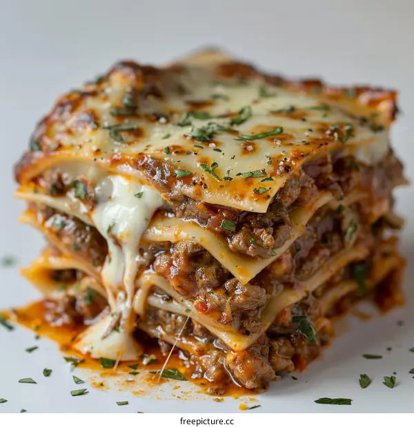 A delectable lasagna made with alternating layers of pasta, cheese, and meat sauce