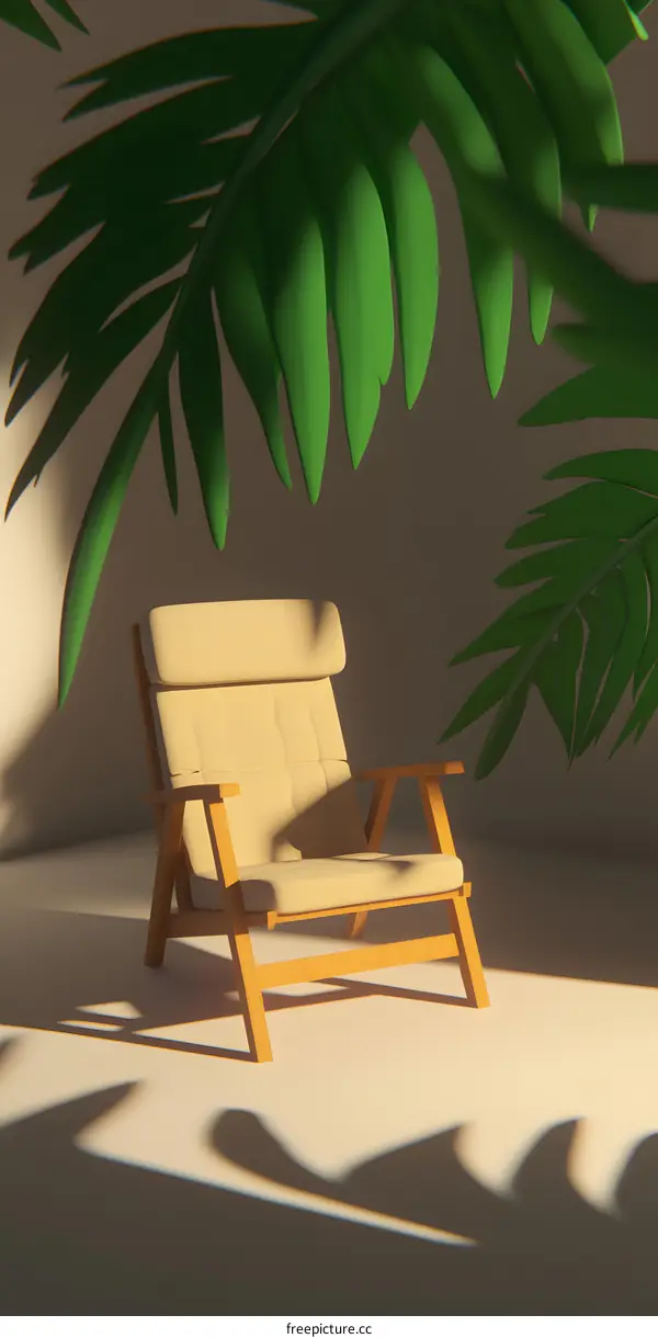 Minimalist 3D Render of a Chair Under Tropical Leaves