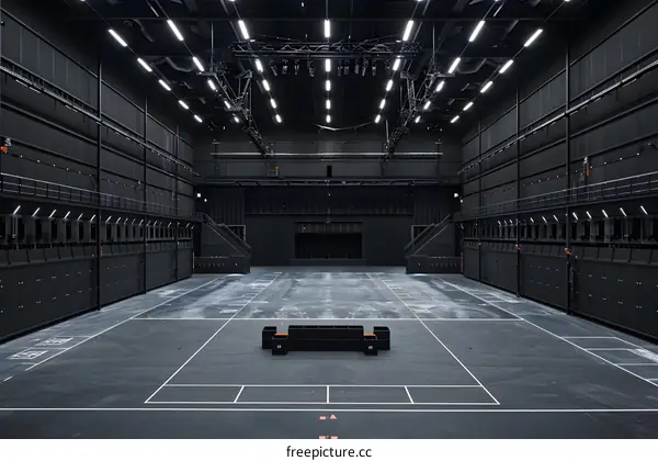 Empty Black Stage with Lighting Equipment and a Large Stage Area
