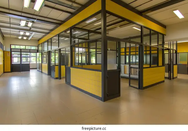 Modern Office Interior with Yellow Walls and Glass Partitions