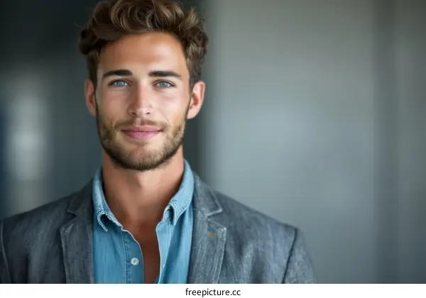 Portrait of a handsome young man with blue eyes and a beard wearing a casual shirt and jacket
