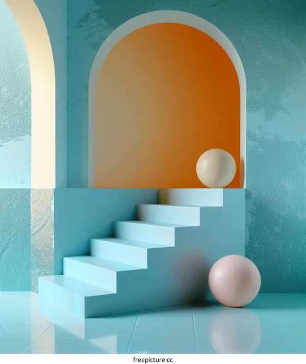 Abstract 3D Scene with Stairs, Spheres, and Turquoise Wall