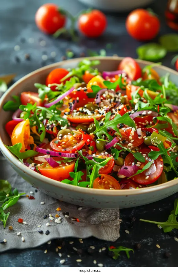 Fresh tomato salad with arugula, red onion and sesame seeds
