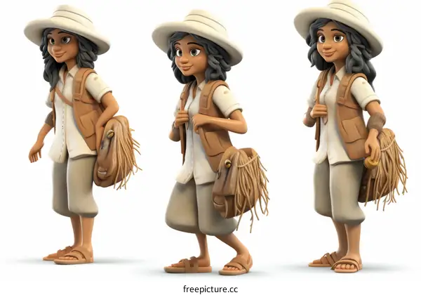 A female explorer with a backpack and hat