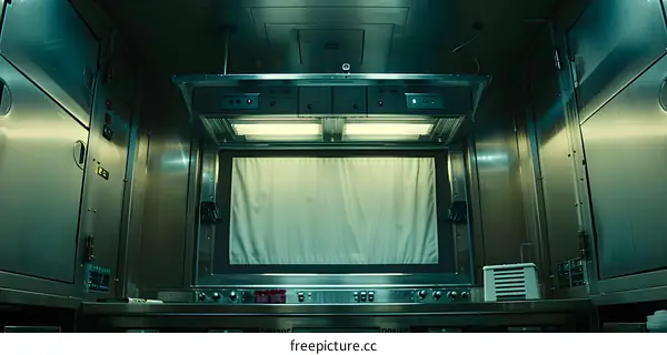 Stainless Steel Room Interior With White Curtain And Lights