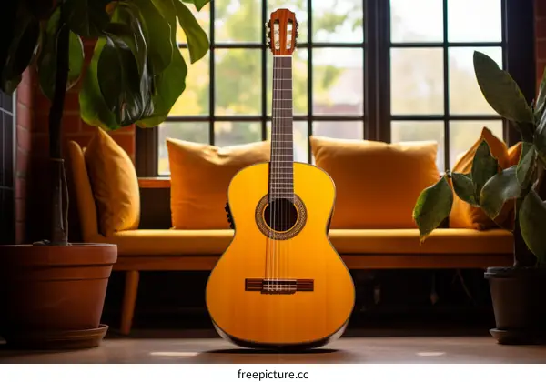 A handcrafted classical guitar rests on a wooden floor in front of a neutral-tone couch accented with yellow pillows and potted plants. 
