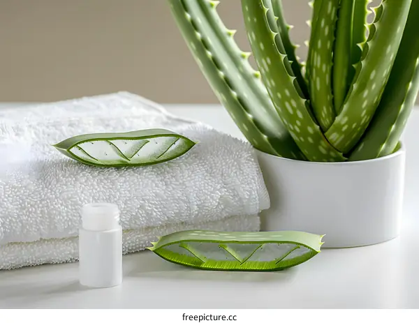 Aloe Vera Plant Leaves and Bottle on White Towel