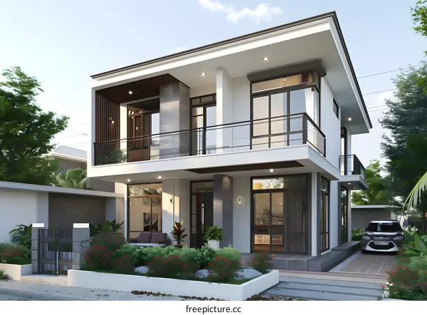 Modern Two Story House Design with Balcony and Garden