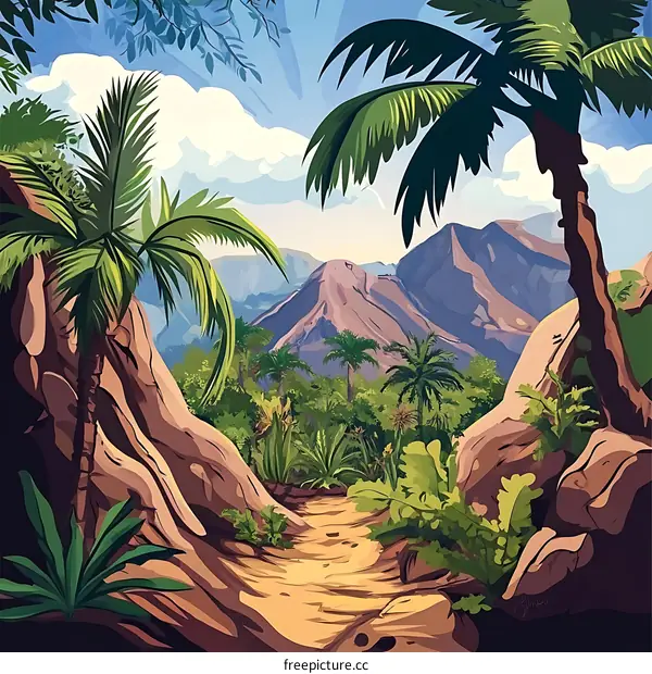 Tropical Rainforest Landscape With Palm Trees And Mountains