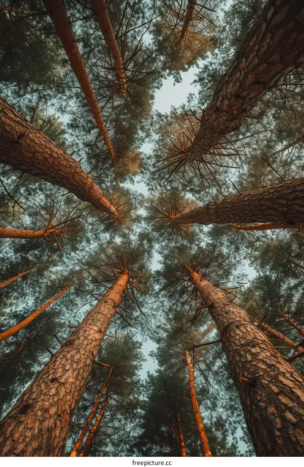 Looking Up At The Tops Of The Tall Trees In The Forest