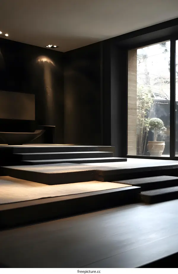 Modern Minimalist Interior Design With Black Walls And Wooden Floor