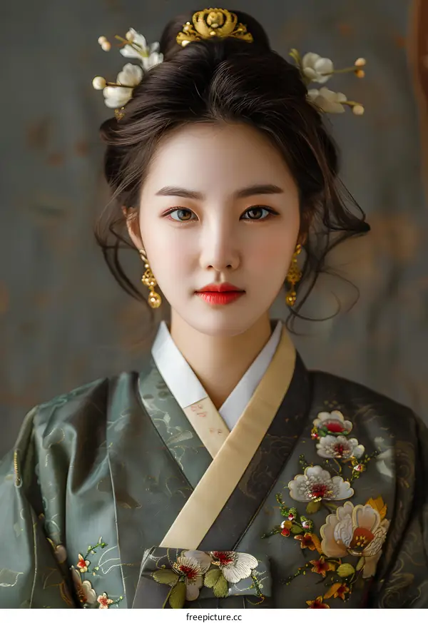 Korean Traditional Hanbok Dress with Floral Embroidered Detail