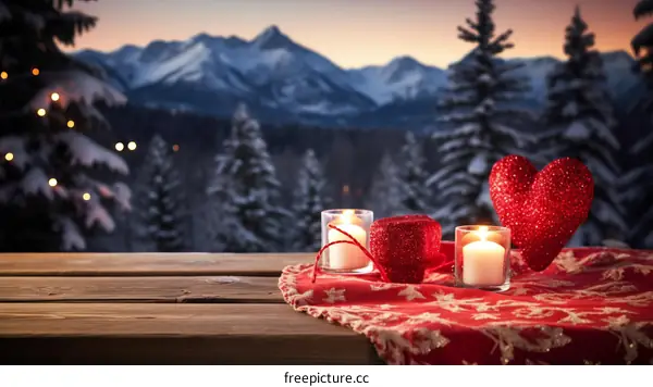 Snow-capped Mountains with Candles and Heart-shaped Decor