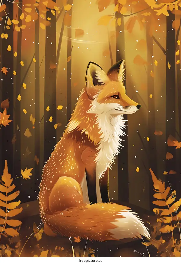 Fox Sitting in Autumn Forest Illustration
