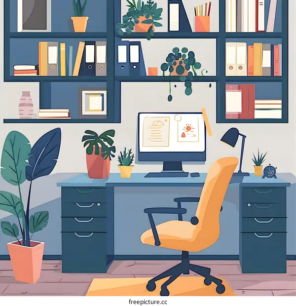 Modern Home Office Workspace With Computer Desk And Bookshelf