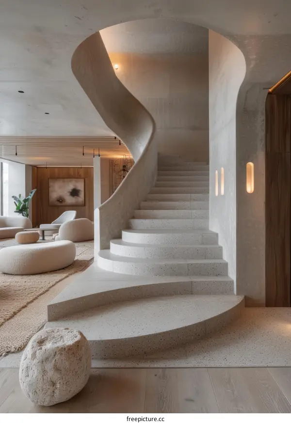 Modern Minimalist Home Interior with Curved Staircase