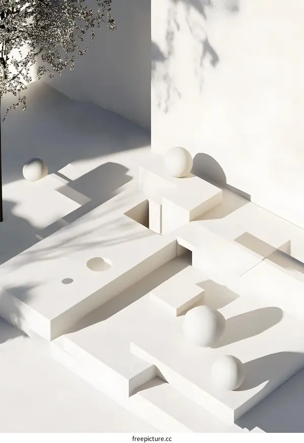 Abstract White 3D Minimalist Geometric Shapes with Tree Branch Shadows