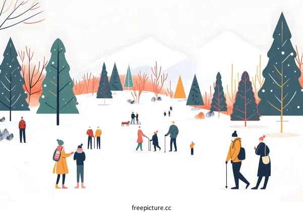 Winter Forest People Enjoying Snow