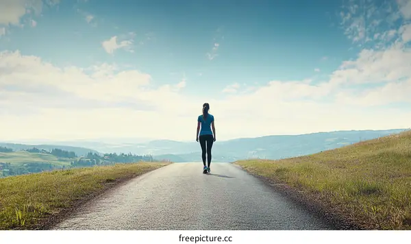 Woman Walking on Country Road with Panoramic View