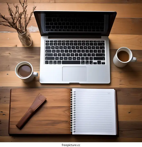 Desktop Workspace with Open Laptop, Coffee, and Notebook