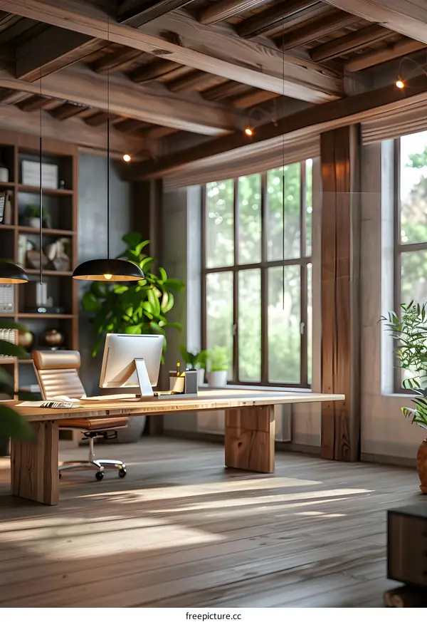 Home office interior design with wooden table and leather chair