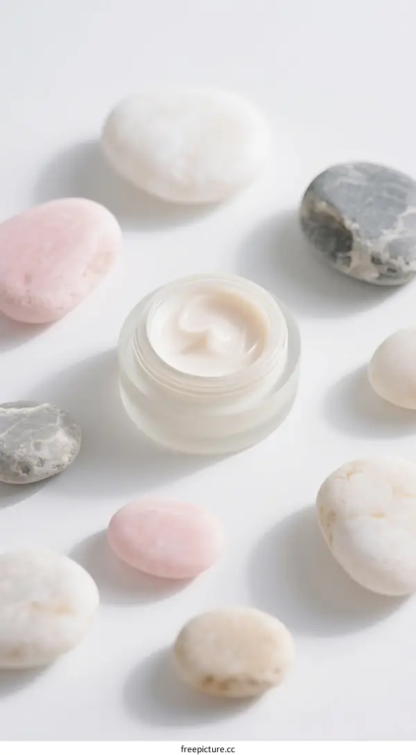 Natural Stones and Skincare Cream on White Background