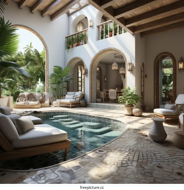 Luxury Indoor Swimming Pool with Garden View and Lounge Area