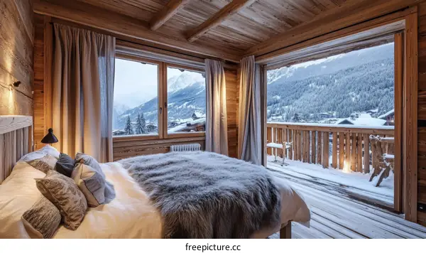 Cozy Alpine Mountain Cabin Bedroom with Snowy View