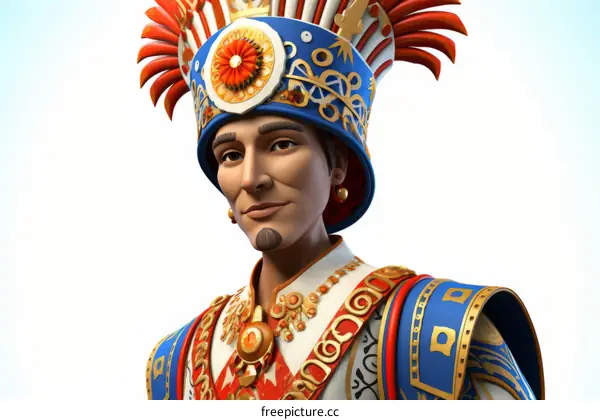 Portrait of a man wearing a elaborate headdress with red, blue, and gold decorations.