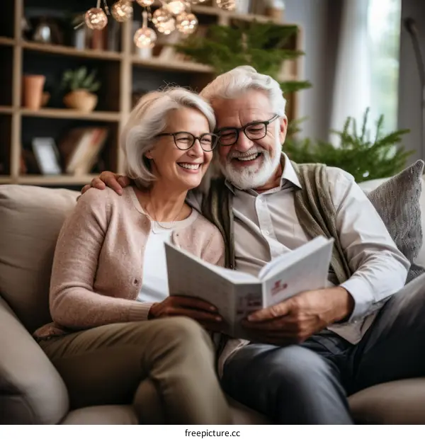 Happy senior couple reading a book together on the couch