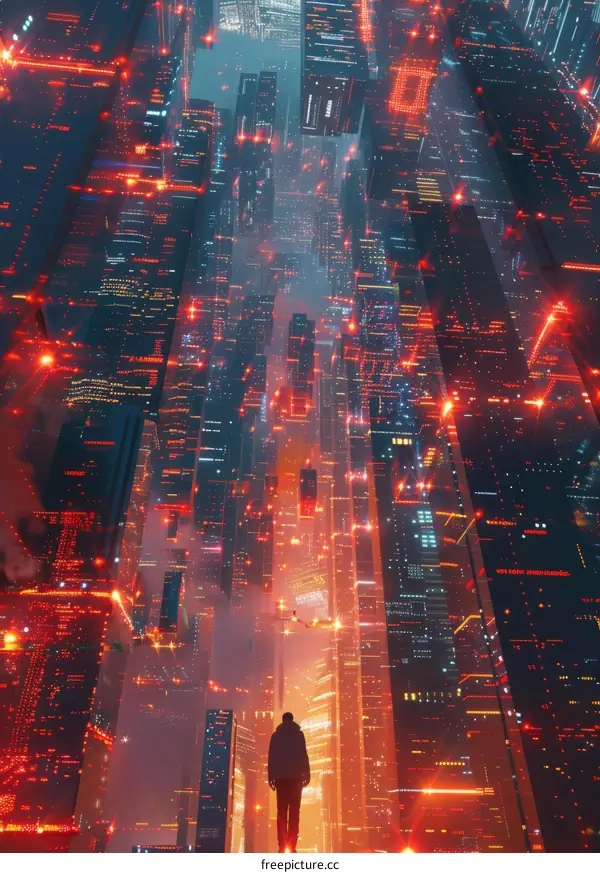 A Lonely Figure Stands in the Neon Lights of a Futuristic City