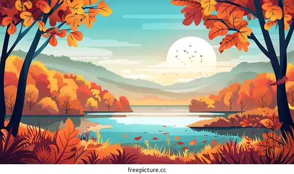 Autumn Landscape Illustration With Lake And Mountains