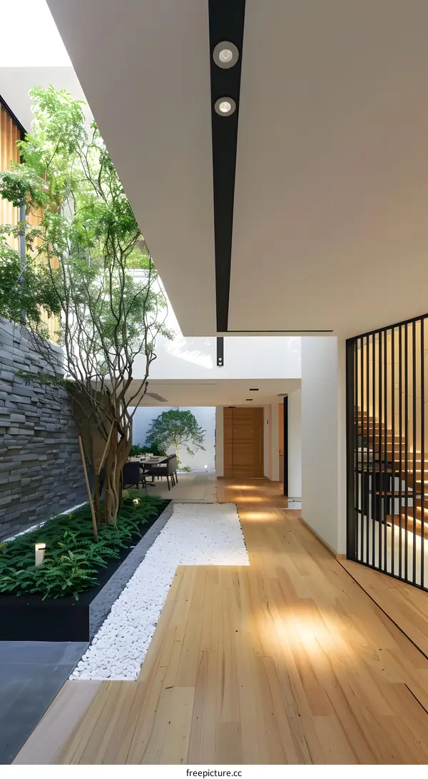 Modern Home Interior Design with Courtyard and Wooden Floor