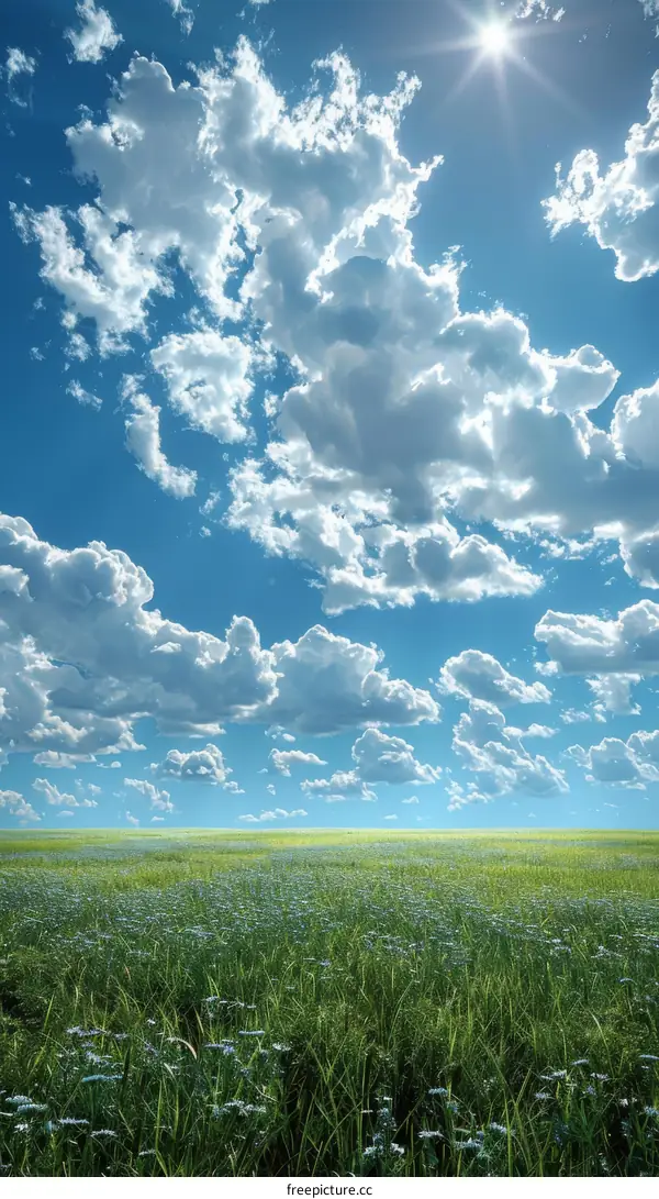 Vast Green Field Under a Sunny Sky with Fluffy Clouds